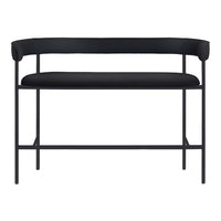 Elegant black bench with smooth upholstery and sleek metal frame, showcasing a modern minimalist design.