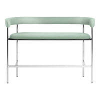 Mint green upholstered bench with a sleek chrome base and minimalist design, ideal for modern decor.