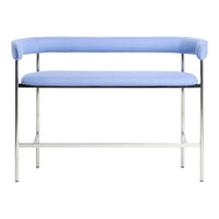 Light blue upholstered bench with sleek chrome frame and minimalist design. Perfect for modern decor.