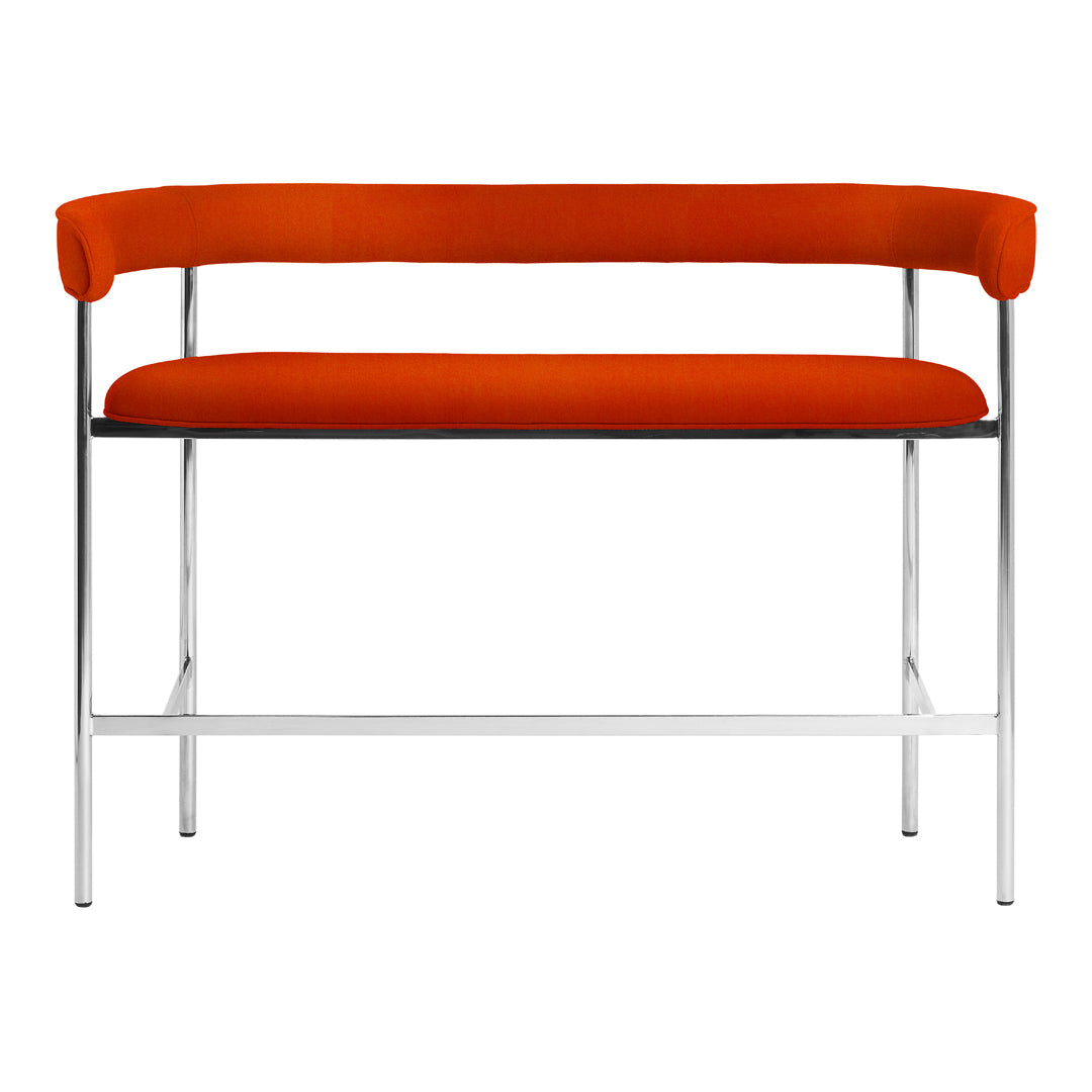 Orange upholstered bench with sleek chrome frame, featuring a modern minimalist design. Perfect for stylish interiors.