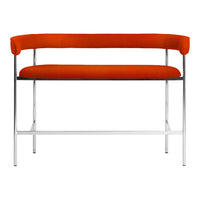 Orange upholstered bench with a sleek chrome frame, featuring a minimalist design and smooth lines.