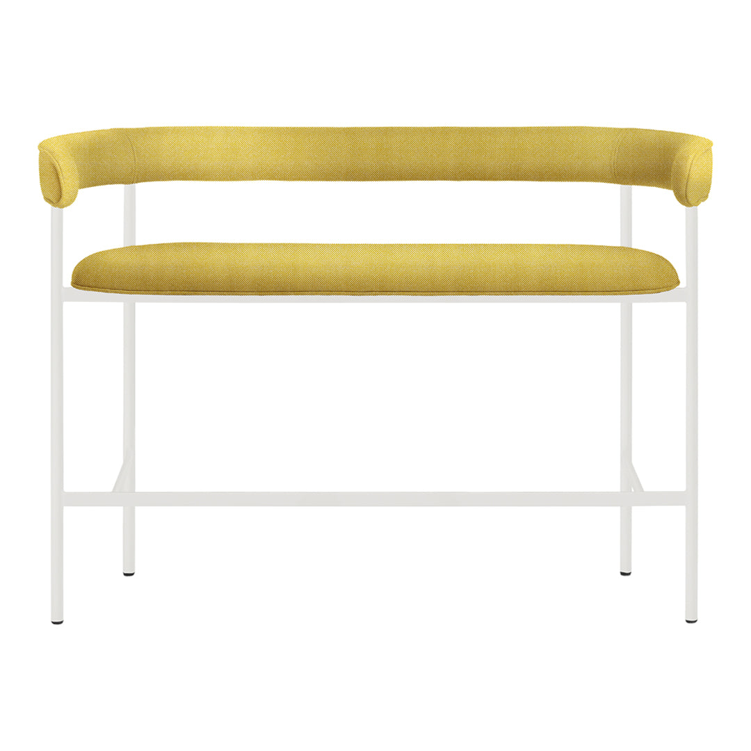 Yellow upholstered bench with a sleek white metal frame, featuring a minimalist design and modern style.