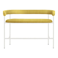 Yellow upholstered bench with a sleek white metal frame, featuring a minimalist design and modern style.