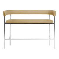 Beige upholstered bench with chrome legs and minimalist design. Perfect for modern decor.