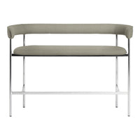 Stylish gray upholstered bench with sleek chrome legs, featuring a minimalist design and smooth patterns.