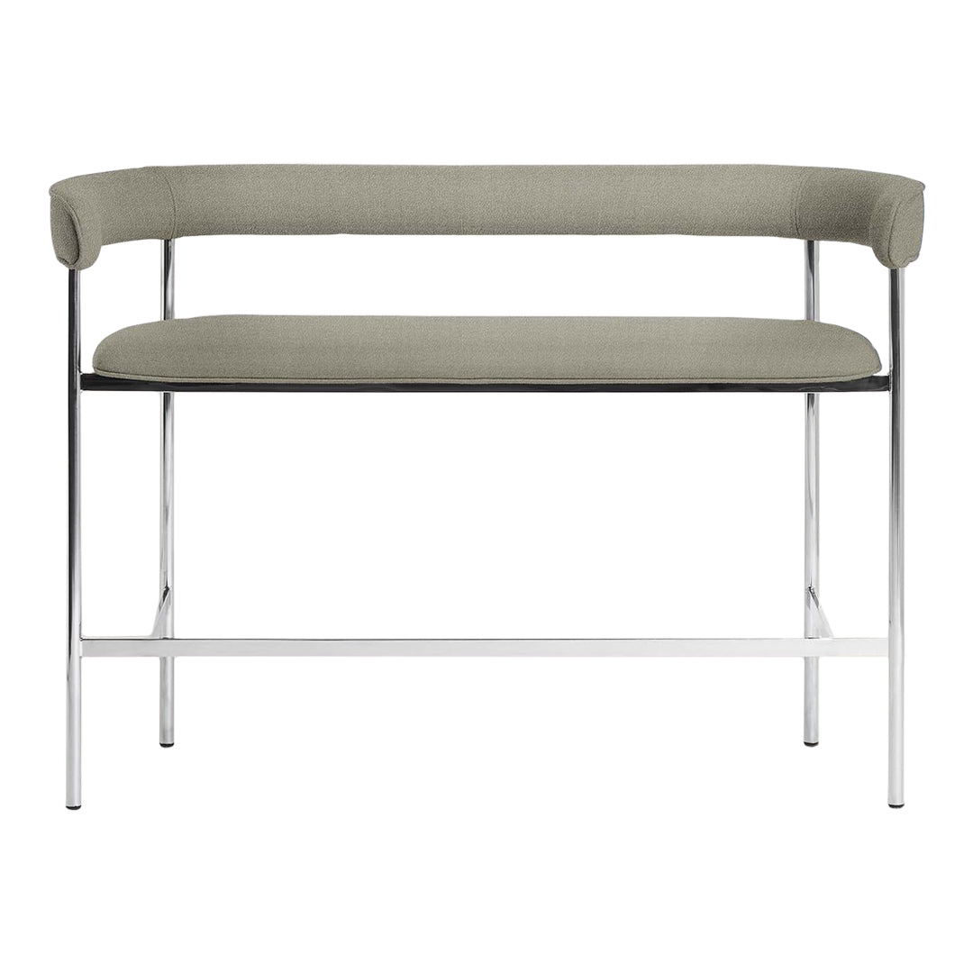 Sleek chrome bench with a soft grey fabric seat and minimalist design, perfect for modern decor.