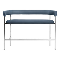 Modern blue upholstered bench with sleek chrome frame, minimalistic design, and smooth, rounded edges.