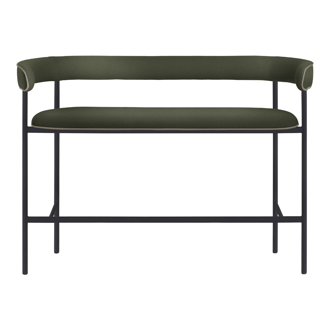Olive green upholstered bench with a sleek black metal frame, featuring curved armrests and a minimalist design.