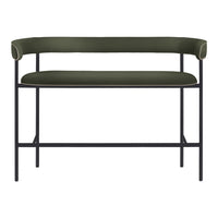 Green upholstered bench with a minimalist black metal frame and rounded armrests, perfect for modern decor.