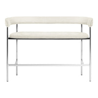 Cream upholstered bench with a sleek chrome frame, featuring a minimalist design and seamless curves.