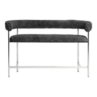 Gray textured upholstery bench with chrome frame, featuring plush, rounded arms and a minimalist design.