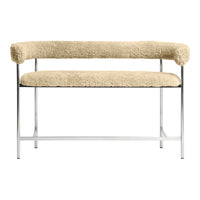 Beige faux fur bench with a sleek chrome frame, featuring a smooth and cozy texture. Modern, minimalist design.