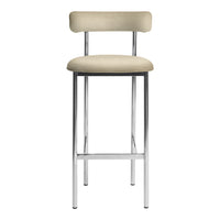 Beige upholstered bar stool with a sleek chrome frame and minimalist design. Perfect for modern decor.