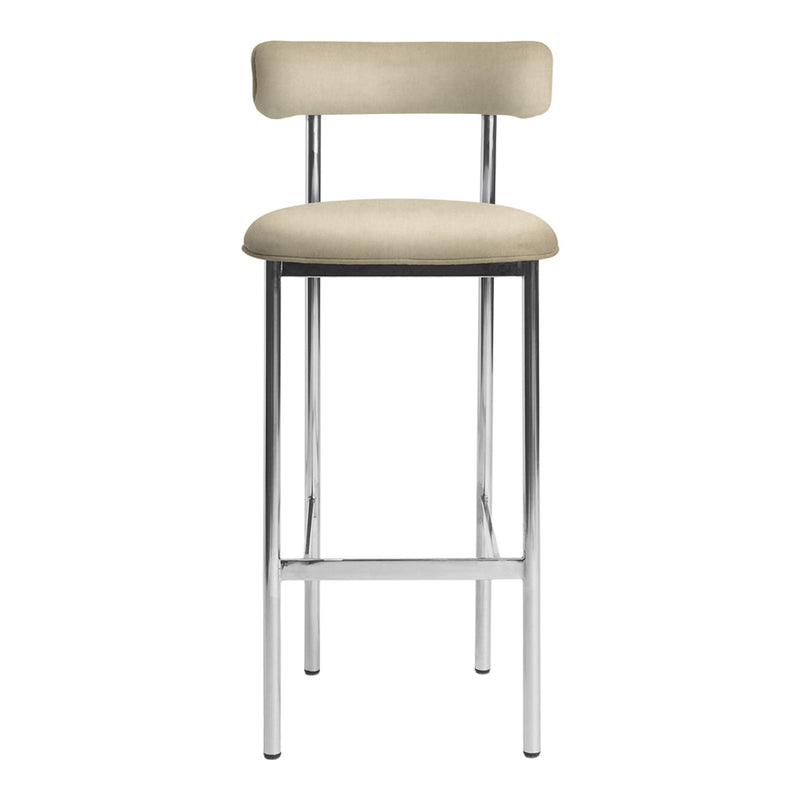 Beige upholstered bar stool with a sleek chrome frame and minimalist design. Perfect for modern interiors.