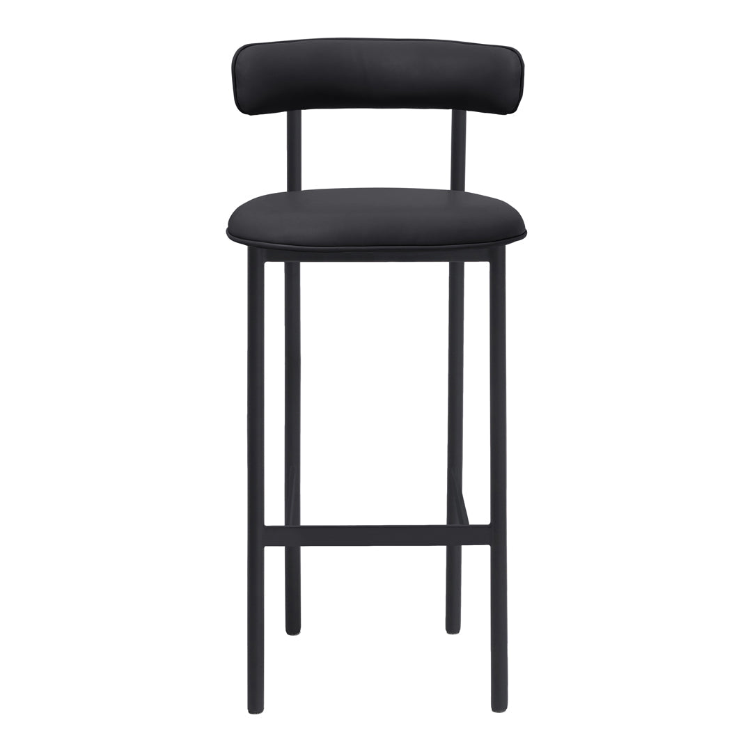 Black upholstered bar stool with sleek metal legs and minimalist design. Perfect for modern decor.