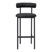 Black upholstered bar stool with sleek metal legs and minimalist design. Perfect for modern decor.