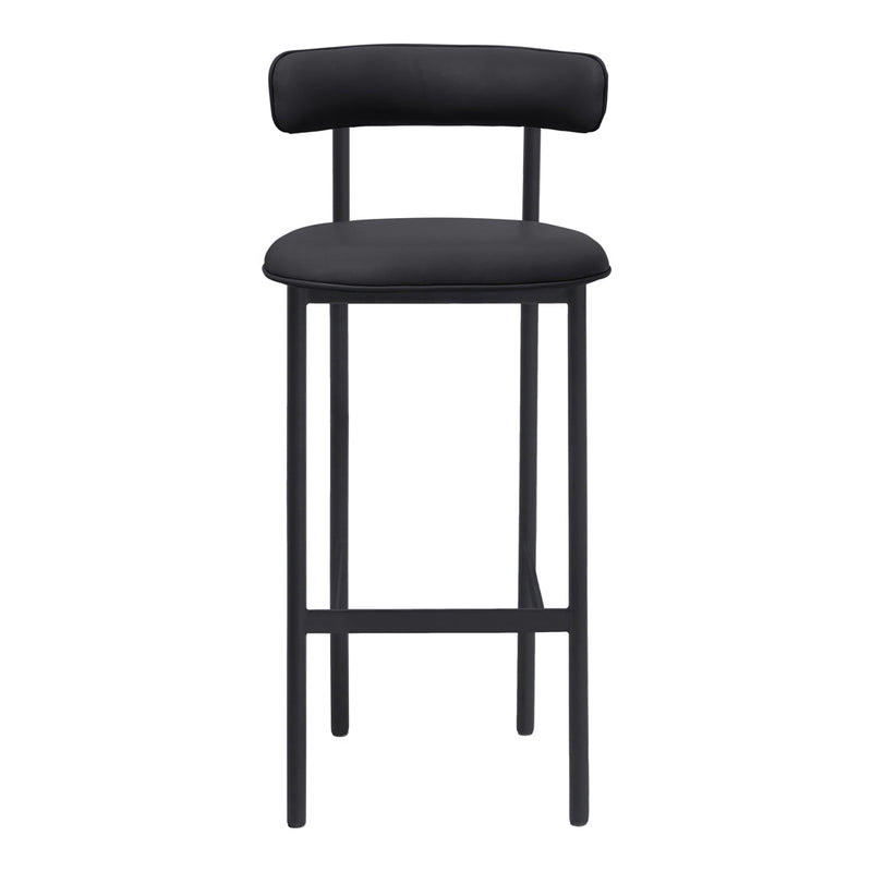 Black upholstered bar stool with sleek metal legs and minimalist design. Perfect for modern decor.