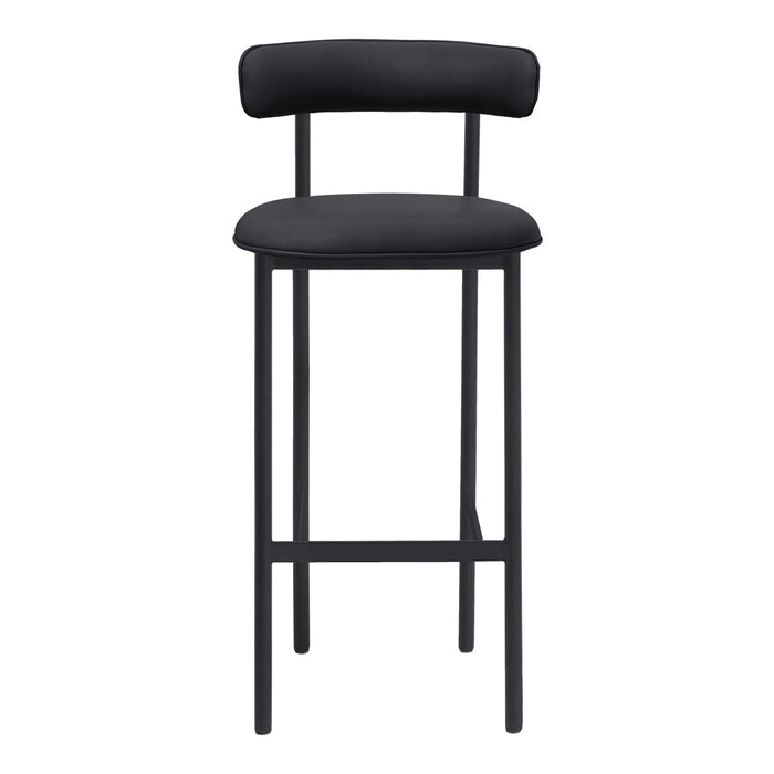 Sleek black bar stool with a minimalist design, featuring a smooth upholstered seat and backrest on a sturdy frame.