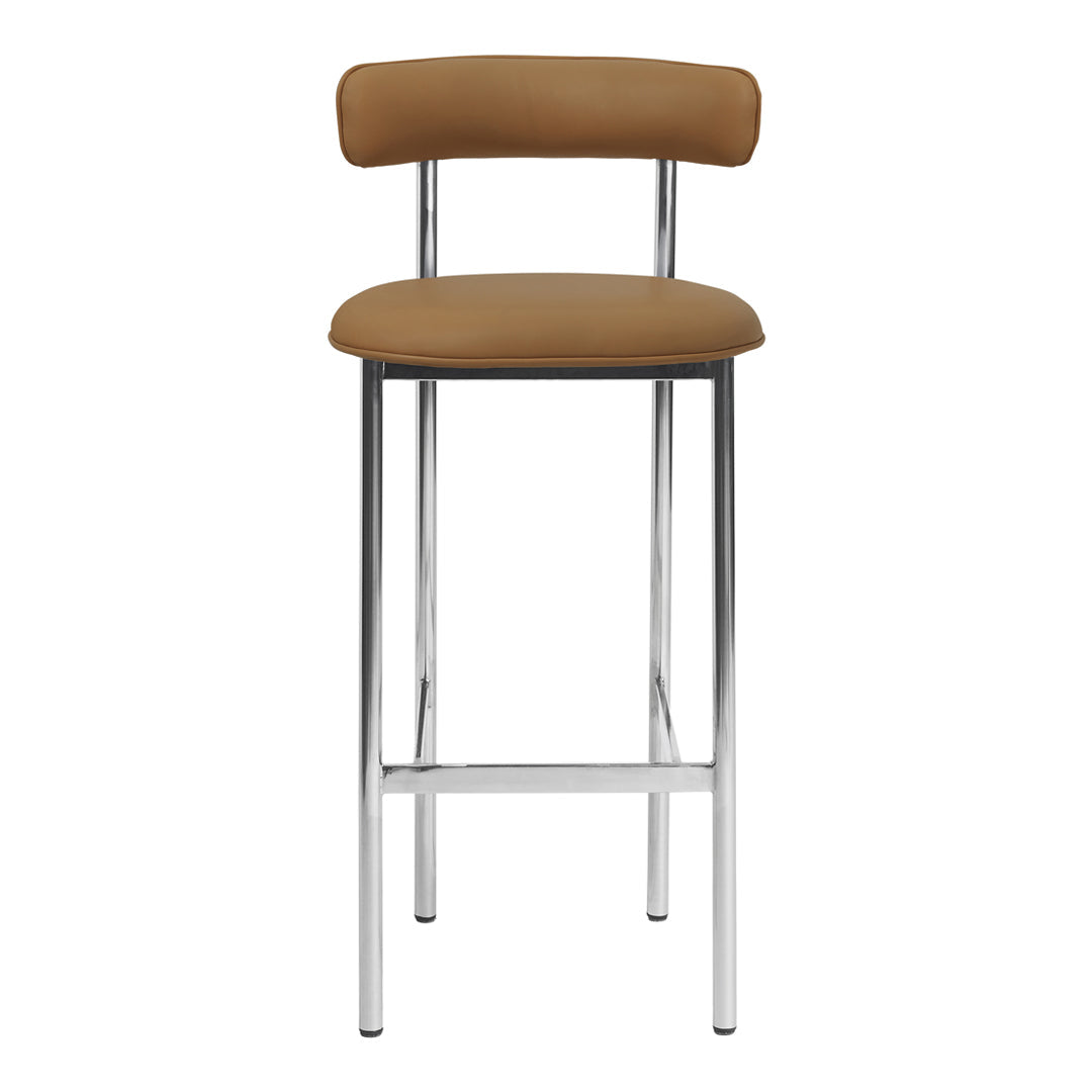 Brown padded bar stool with a sleek chrome frame, featuring a minimalist design and smooth modern lines.
