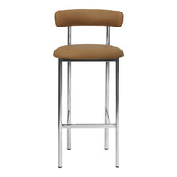 Brown padded bar stool with a sleek chrome frame, featuring a minimalist design and smooth modern lines.