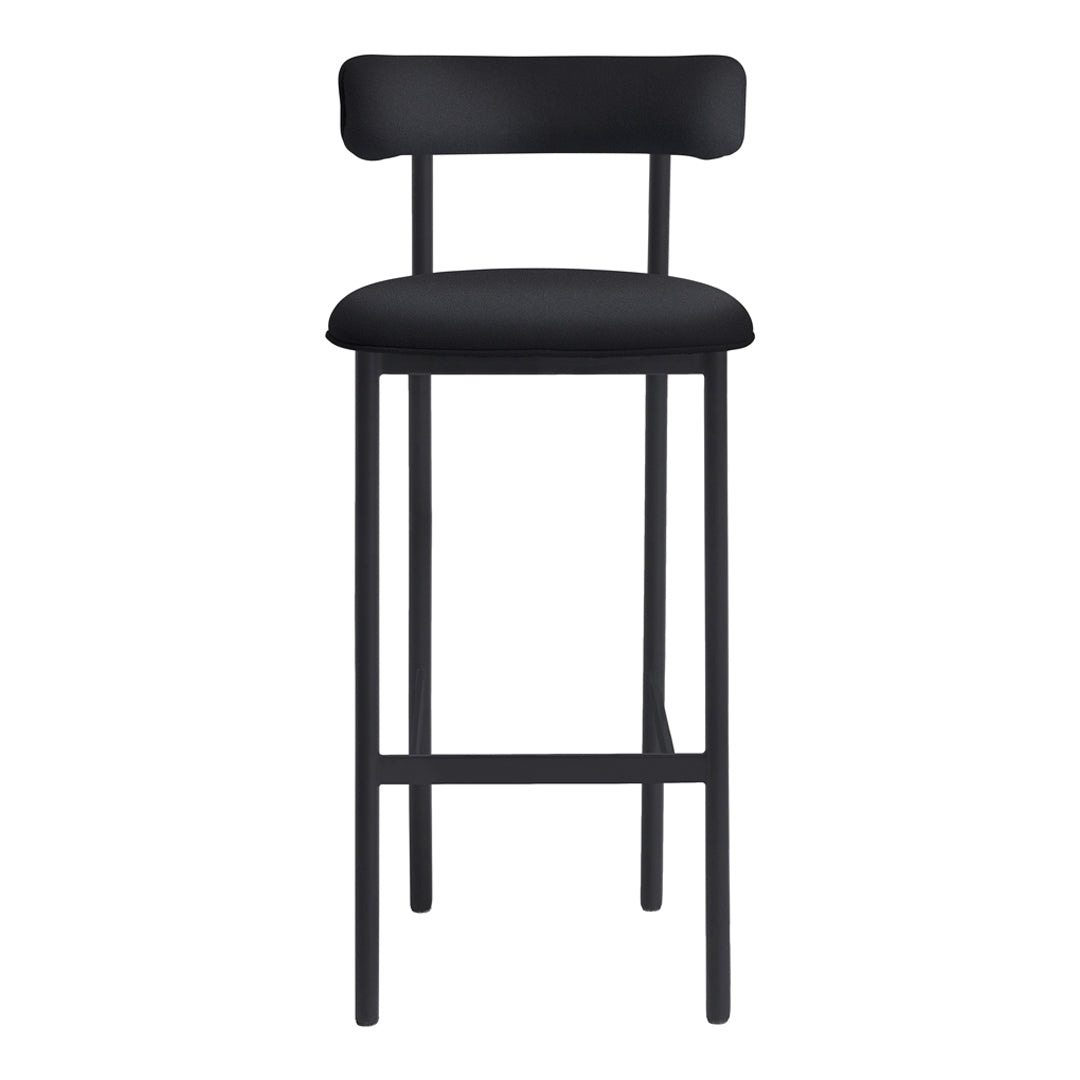 Black modern bar stool with a sleek design and minimalist style, featuring a smooth finish and clean lines.
