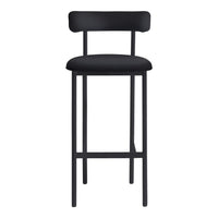 Black modern bar stool with a sleek design and minimalist style, featuring a smooth finish and clean lines.