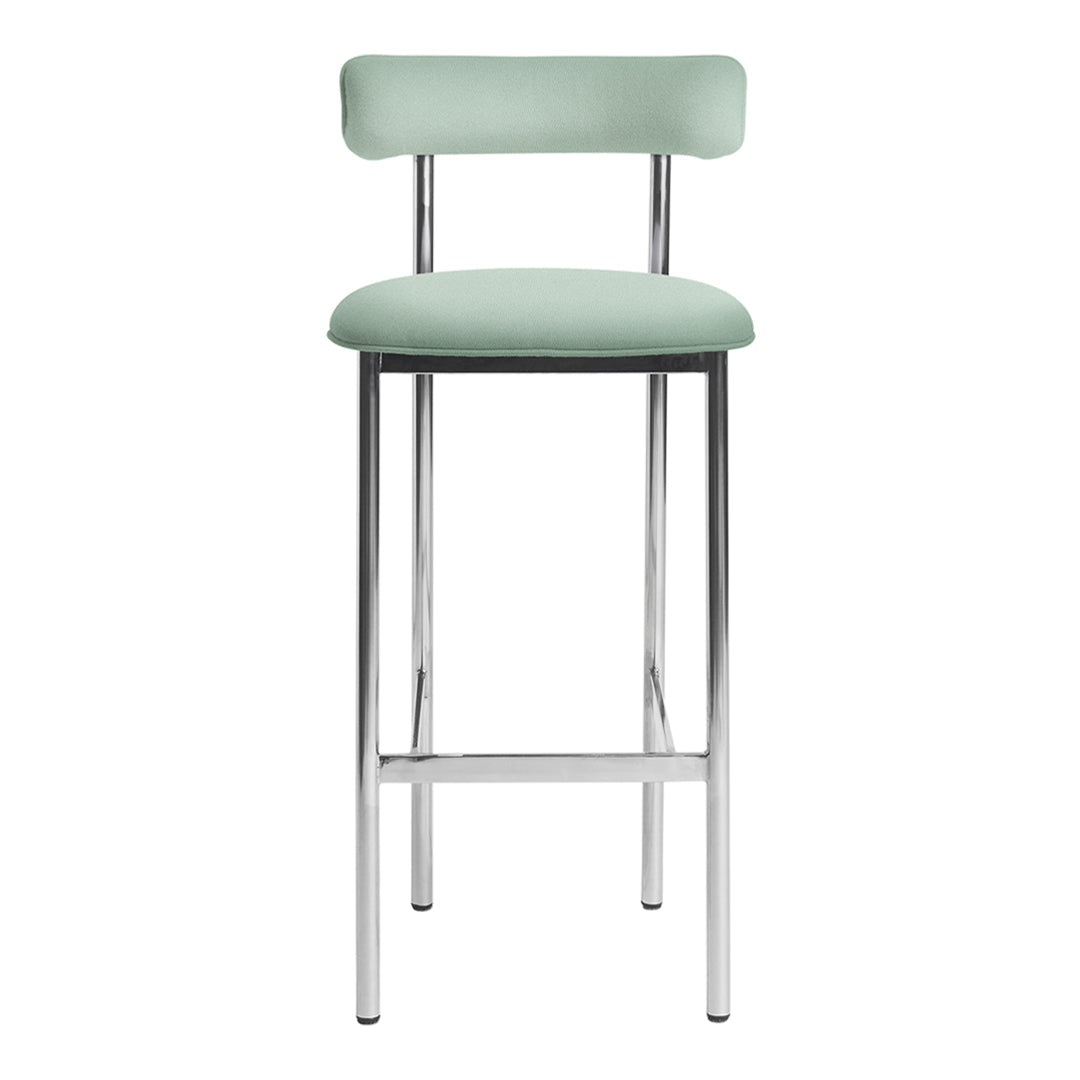 Mint green upholstered bar stool with a sleek chrome frame, featuring a minimalist design.