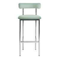 Mint green upholstered bar stool with a sleek chrome frame, featuring a minimalist design.