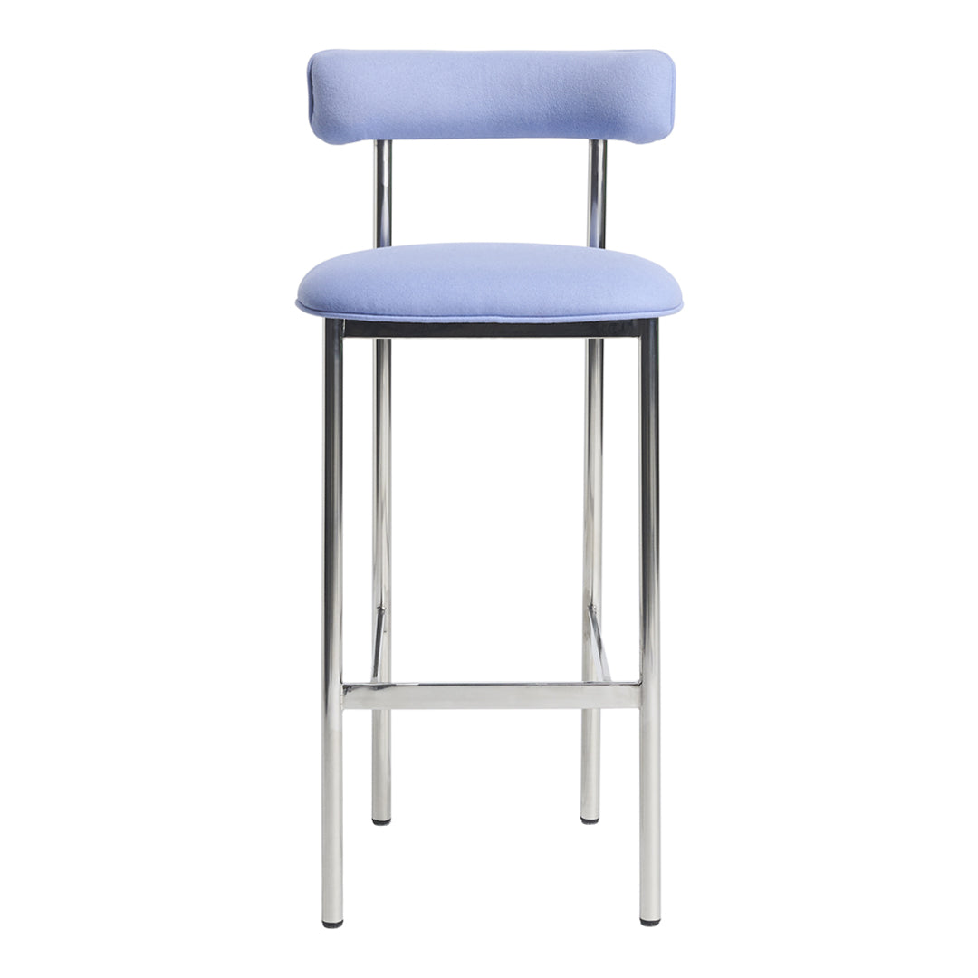 Sky blue upholstered bar stool with sleek chrome legs and a minimalist design. Perfect for modern interiors.