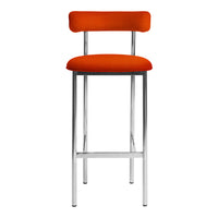 Orange upholstered bar stool with a sleek chrome frame, modern design, and minimalist pattern. Ideal for contemporary spaces.