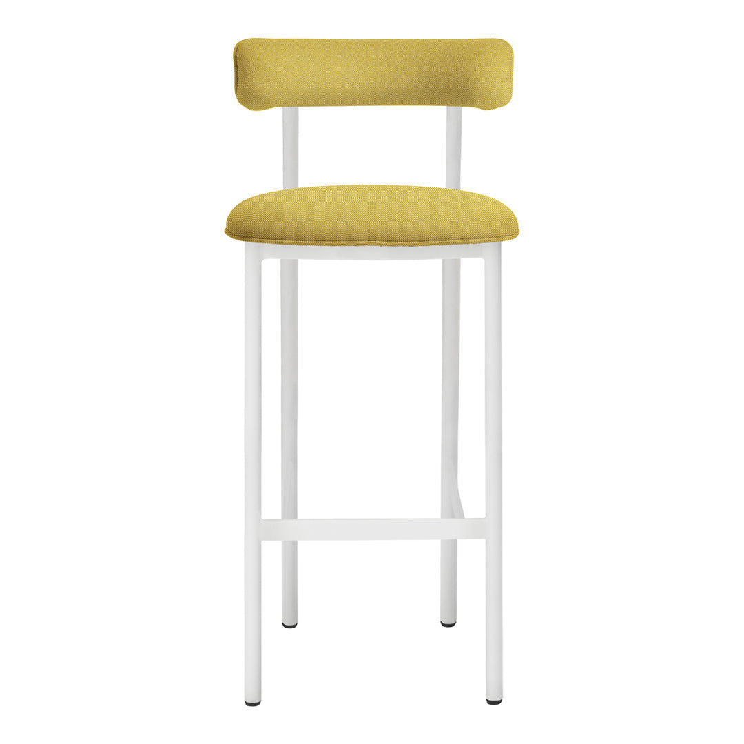 Yellow upholstered bar stool with a sleek white metal frame, featuring a minimalist design. Perfect for modern decor.