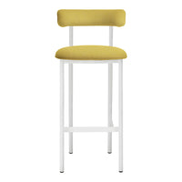 Yellow upholstered bar stool with a sleek white metal frame, featuring a minimalist design. Perfect for modern decor.