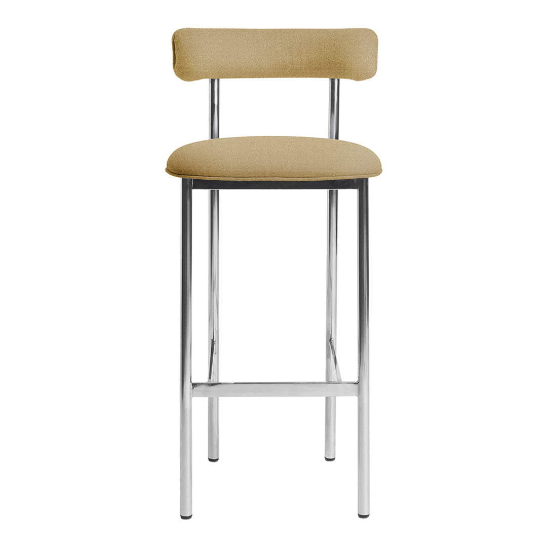 Beige upholstered bar stool with sleek chrome legs and minimalist design. Perfect for modern interiors.