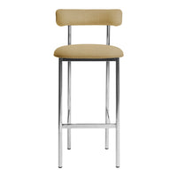 Beige upholstered bar stool with sleek chrome legs and minimalist design. Perfect for modern interiors.