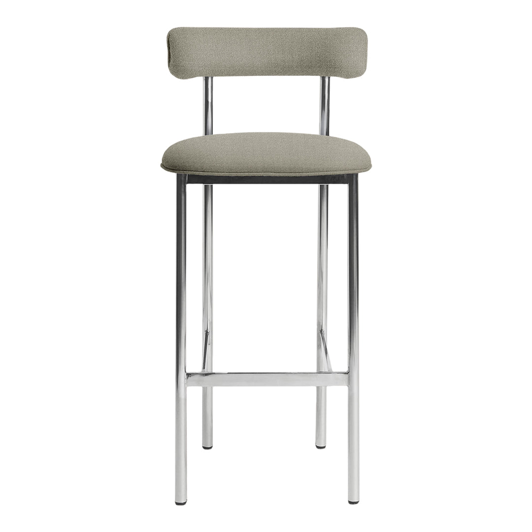 Modern bar stool with a sleek chrome frame and soft, light gray upholstered seat and backrest, perfect for minimalist decor.