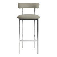 Modern bar stool with a sleek chrome frame and soft, light gray upholstered seat and backrest, perfect for minimalist decor.