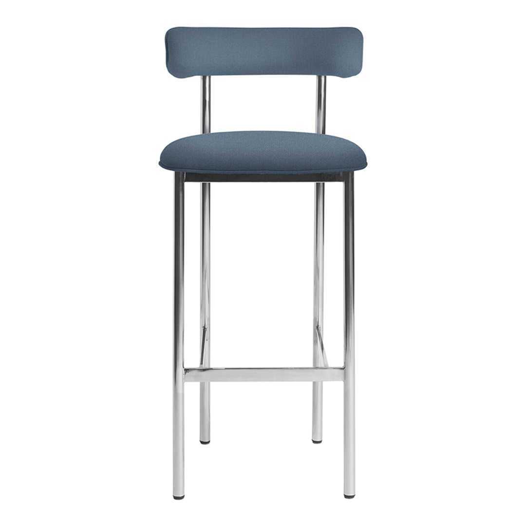 "Stylish bar stool in navy blue fabric with sleek chrome legs and minimalist design."