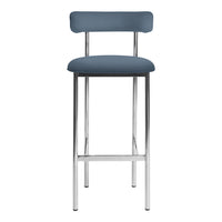 "Stylish bar stool in navy blue fabric with sleek chrome legs and minimalist design."