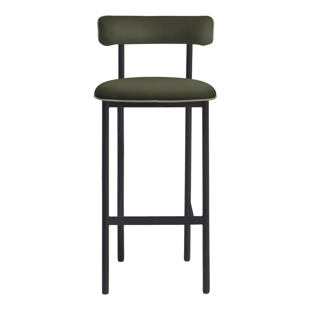 Stylish bar stool with an olive green seat and black iron frame, featuring a sleek, minimalist design.