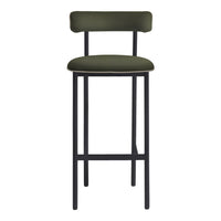 Stylish bar stool with an olive green seat and black iron frame, featuring a sleek, minimalist design.