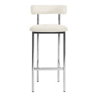 White upholstered bar stool with a sleek chrome frame and minimalist design. Perfect for modern interiors.