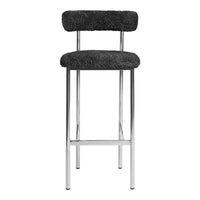 Black faux fur bar stool with sleek chrome legs, featuring a minimalist modern design. Perfect for contemporary spaces.