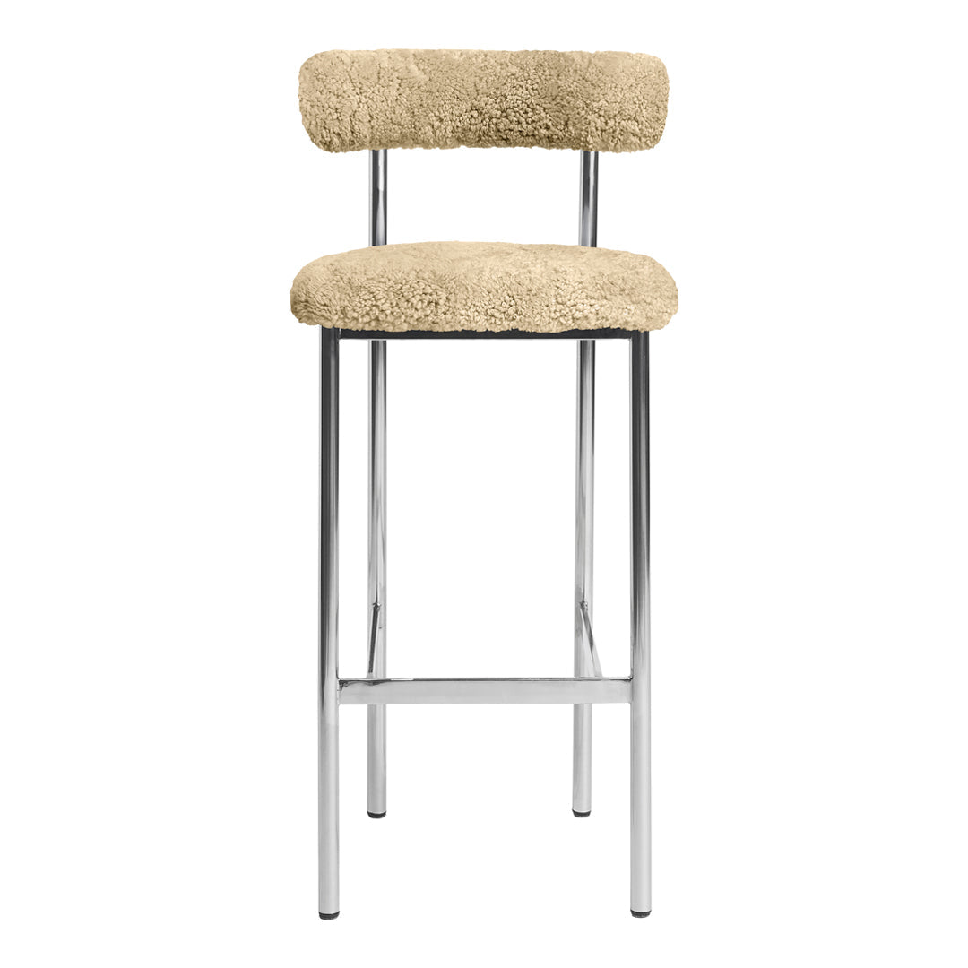 Beige fluffy seat bar stool with sleek chrome legs, adding a modern touch to any decor.