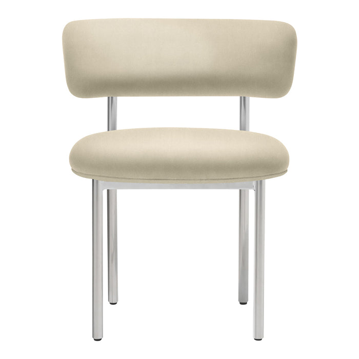 Beige upholstered chair with a sleek chrome frame, featuring a smooth, minimalist design. Perfect for modern decor.
