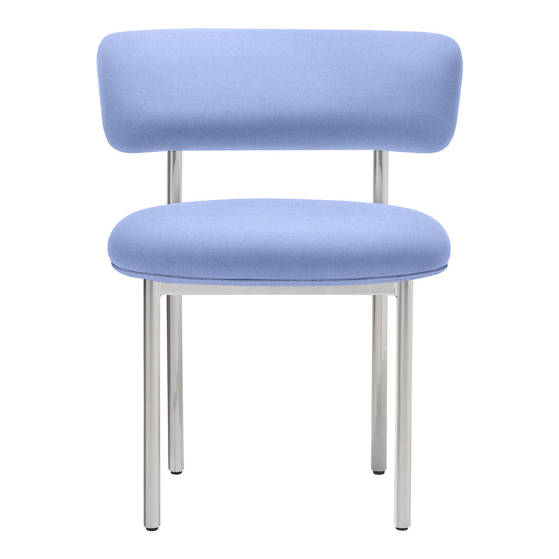 Light blue upholstered chair with a minimalist design and sleek chrome legs. Perfect for modern decor.