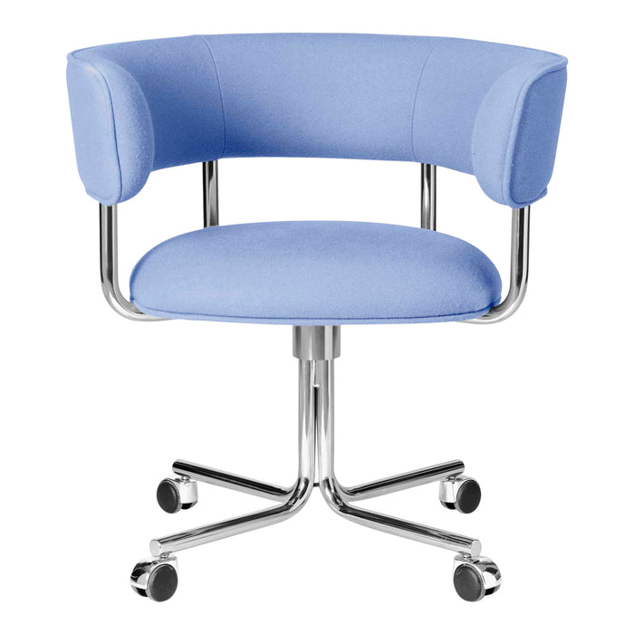 Light blue upholstered chair with a modern curved design and shiny chrome base. Perfect for stylish office decor.