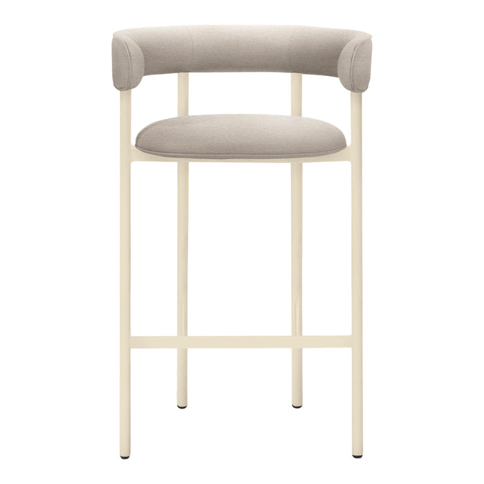 Beige upholstered bar stool with a minimalist cream metal frame and smooth, rounded backrest. Elegant and modern design.