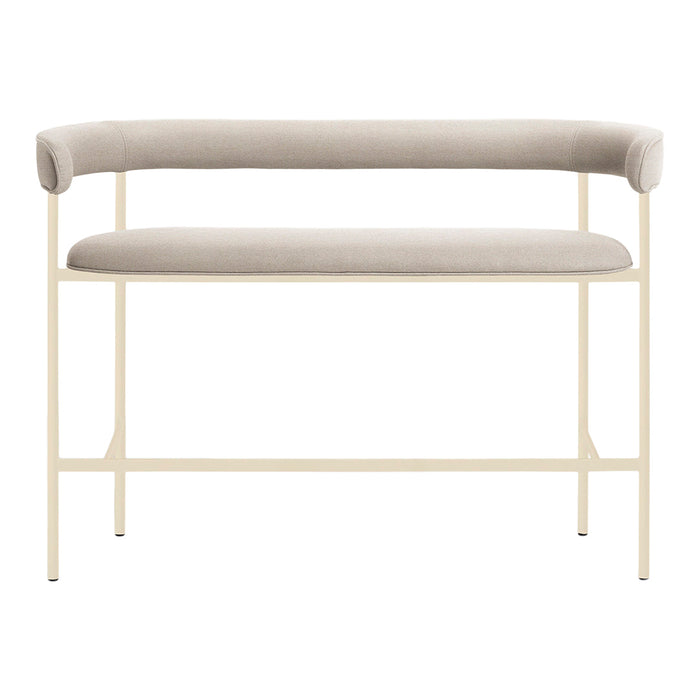 Beige upholstered bench with a minimalist cream frame and curved armrests. Modern and elegant design for any space.