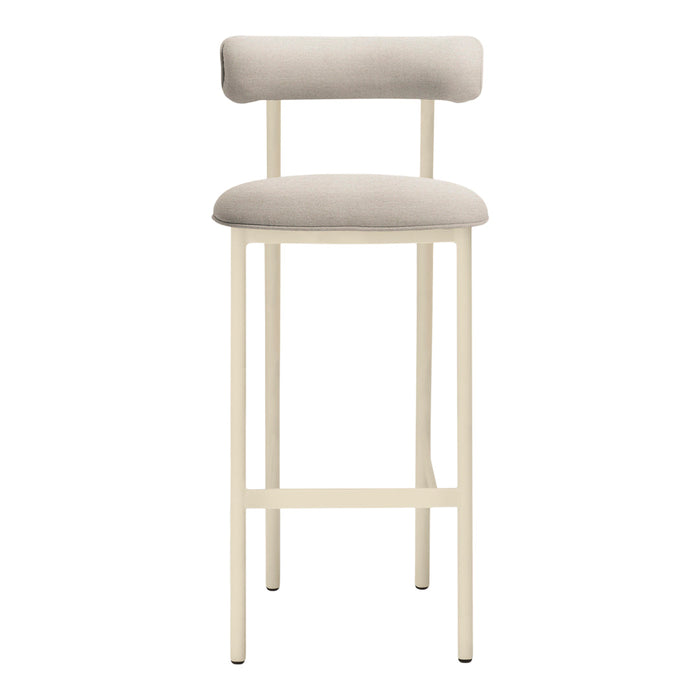 Beige upholstered bar stool with a minimalist cream frame and simple, modern design. Perfect for contemporary spaces.
