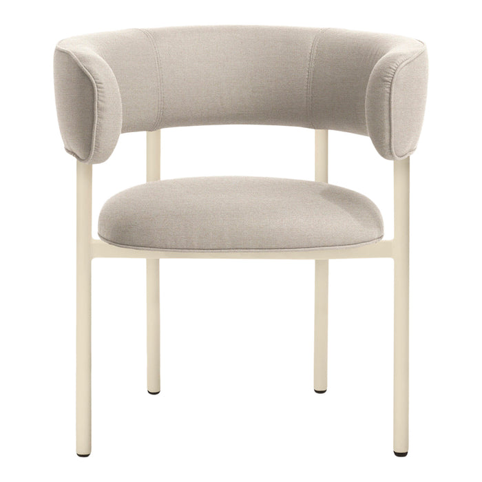 Beige upholstered chair with smooth fabric and minimalist cream metal frame. Modern design for stylish decor.